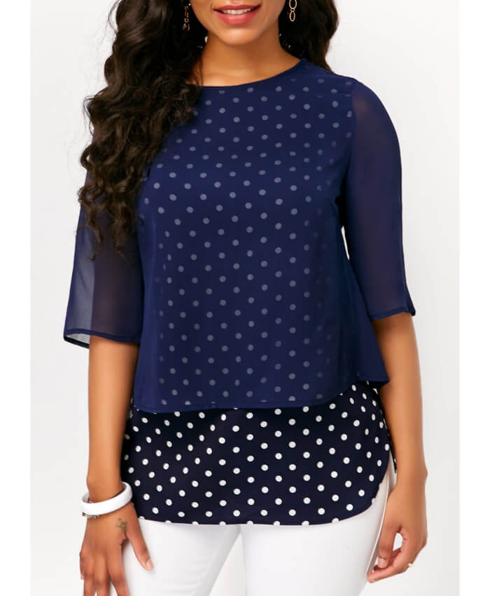 Half Sleeve Navy Mesh Overlay Polka Dot Blouse